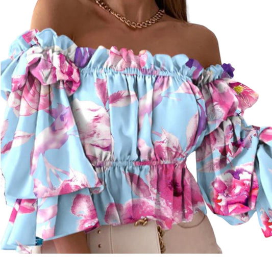 Carmen Bluse Boho Ibiza, Blue/Pink-Flower