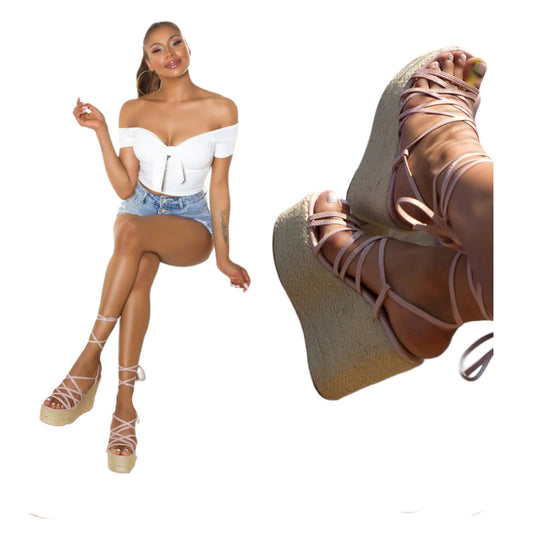 High Heels Wedges Plateau Sandalen Gladiator Schnürung, Rosa