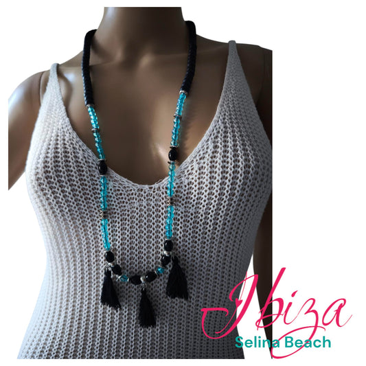 Boho Ibiza Halskette Hippie Festival XXL Perlen Quasten Black Türkis