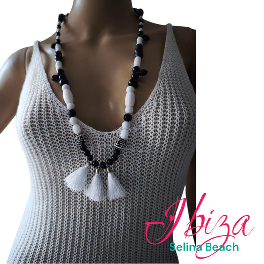 Boho Halskette Hippie Ibiza Festival XL Perlen Quasten White & Black