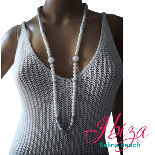 Boho Ibiza Halskette Hippie Festival XL Perlen Swarovski Kreuz White