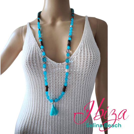 Boho Ibiza Halskette Hippie Festival XXL Perlen Quaste Türkis