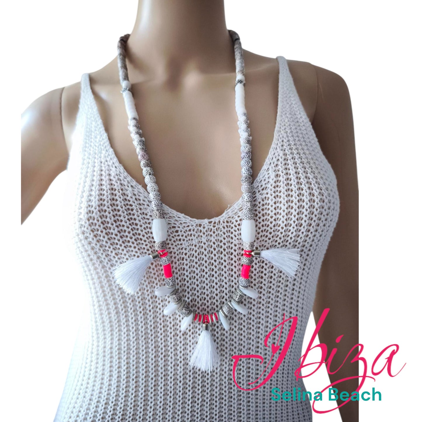 Boho Ibiza Halskette Hippie Festival Quasten Perlen Weiß Pink XL