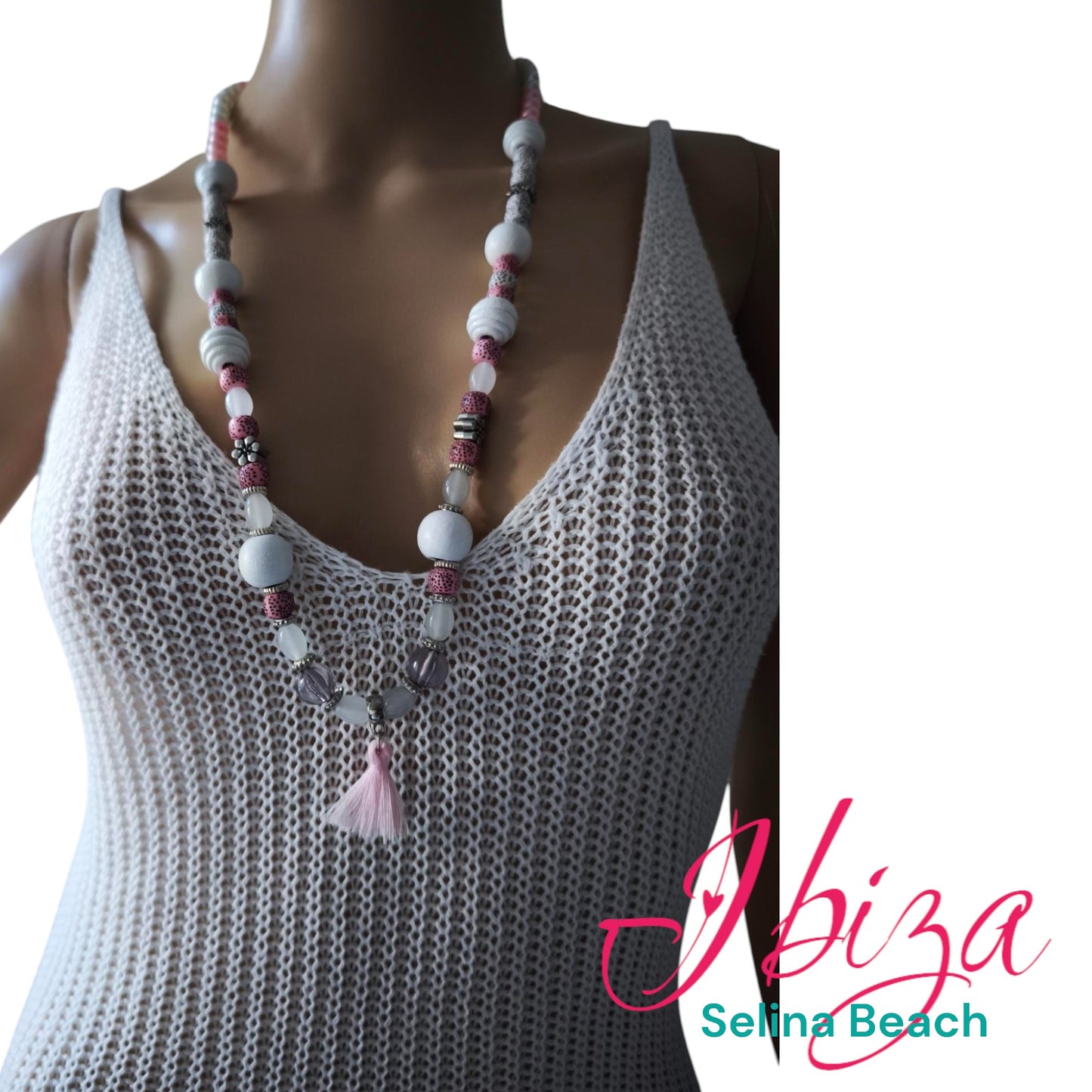 Boho Ibiza Halskette Hippie Festival Perlen Quaste White Rosa
