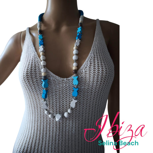 Ibiza Kette Boho Hippie Festival XL Fish White Turkise