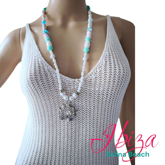 Boho Ibiza Halskette Hippie Festival XL Perlen Silber-Anhänger