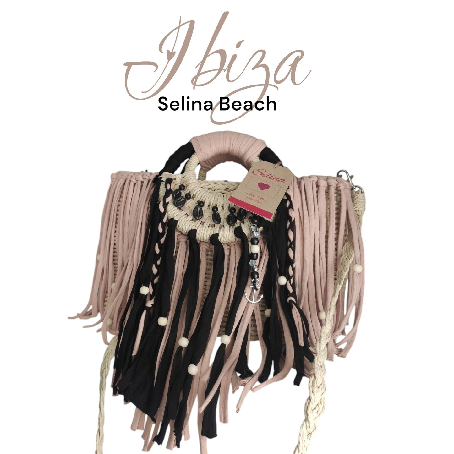 Ibiza Korbtasche Handtasche Boho Hippie, Cappuccino/Black