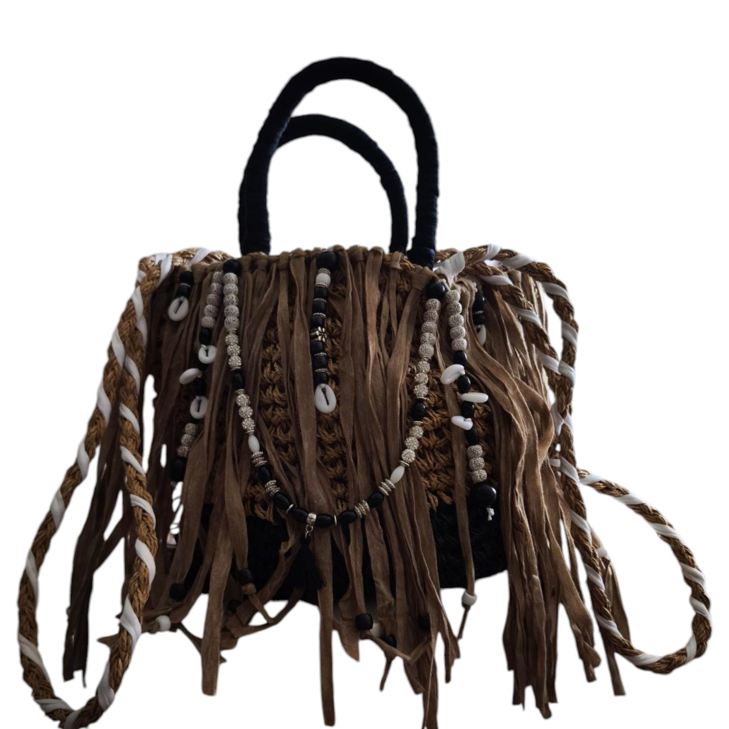 Ibiza Korbtasche Handtasche Boho Mocca/Black & White