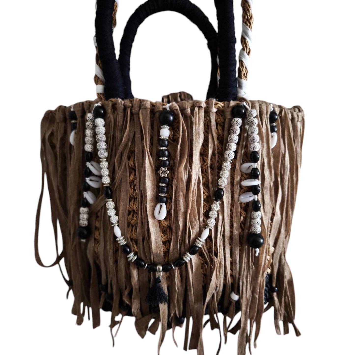 Ibiza Korbtasche Handtasche Boho Mocca/Black & White