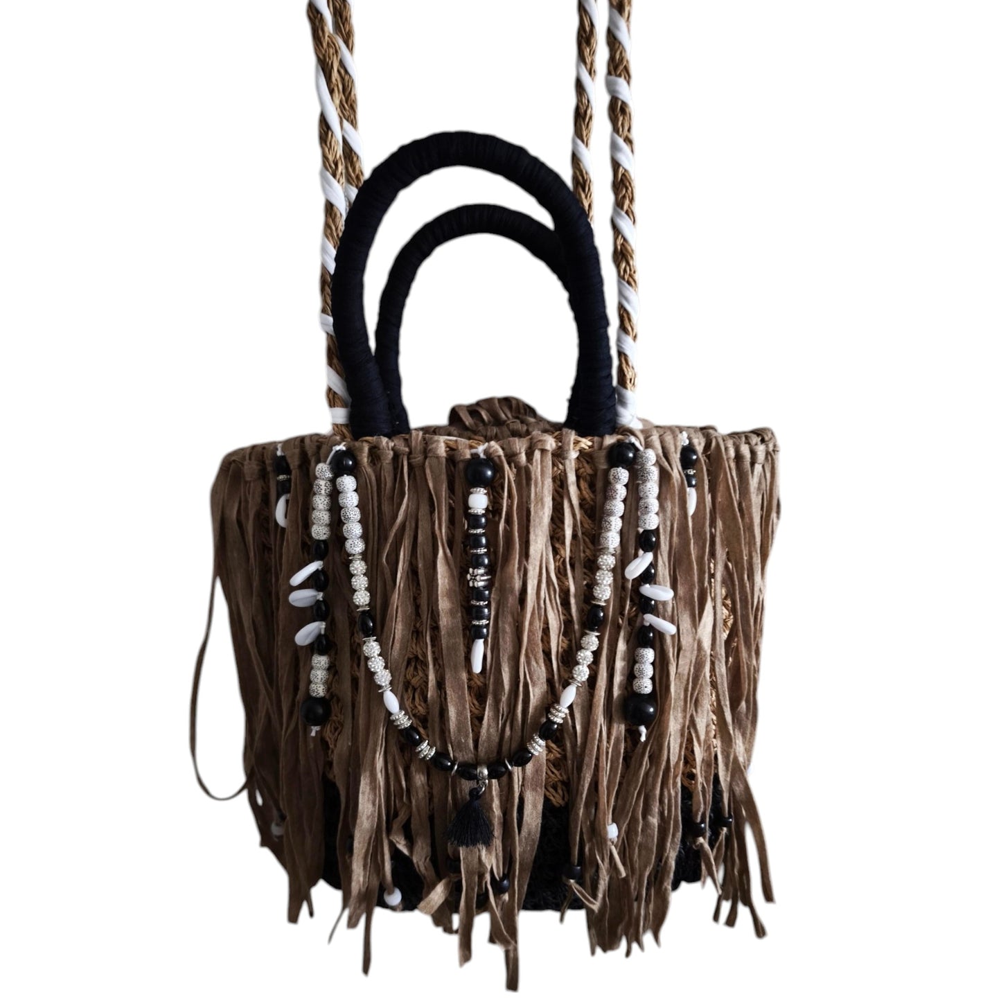 Ibiza Korbtasche Handtasche Boho Mocca/Black & White