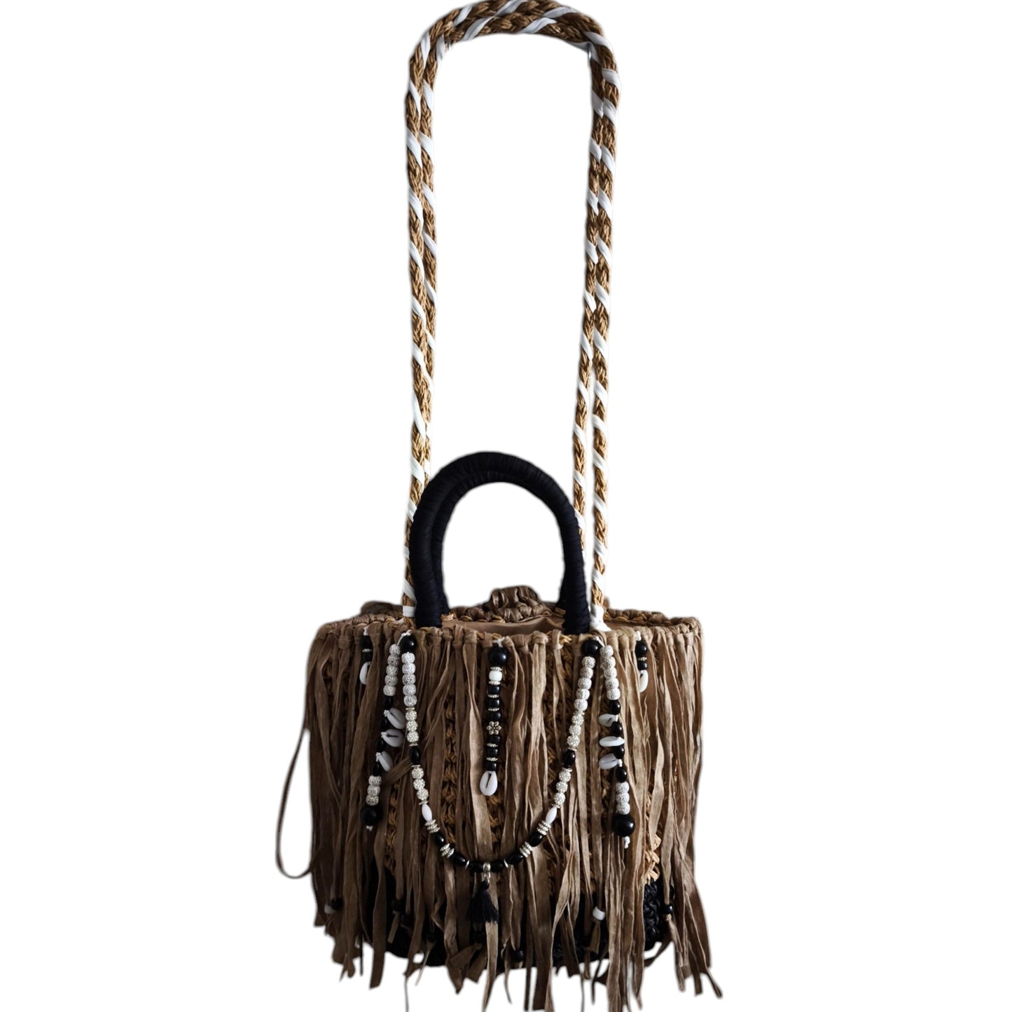 Ibiza Korbtasche Handtasche Boho Mocca/Black & White