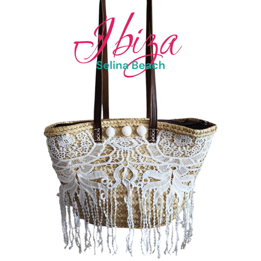 Ibiza Korbtasche Strandtasche XL Boho White Spitze Fransen Wechsel-Kettchen