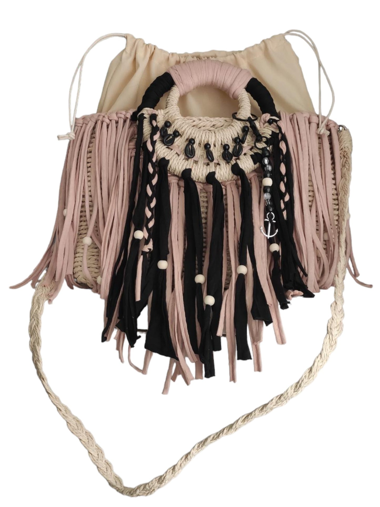 Ibiza Korbtasche Handtasche Boho Hippie, Cappuccino/Black