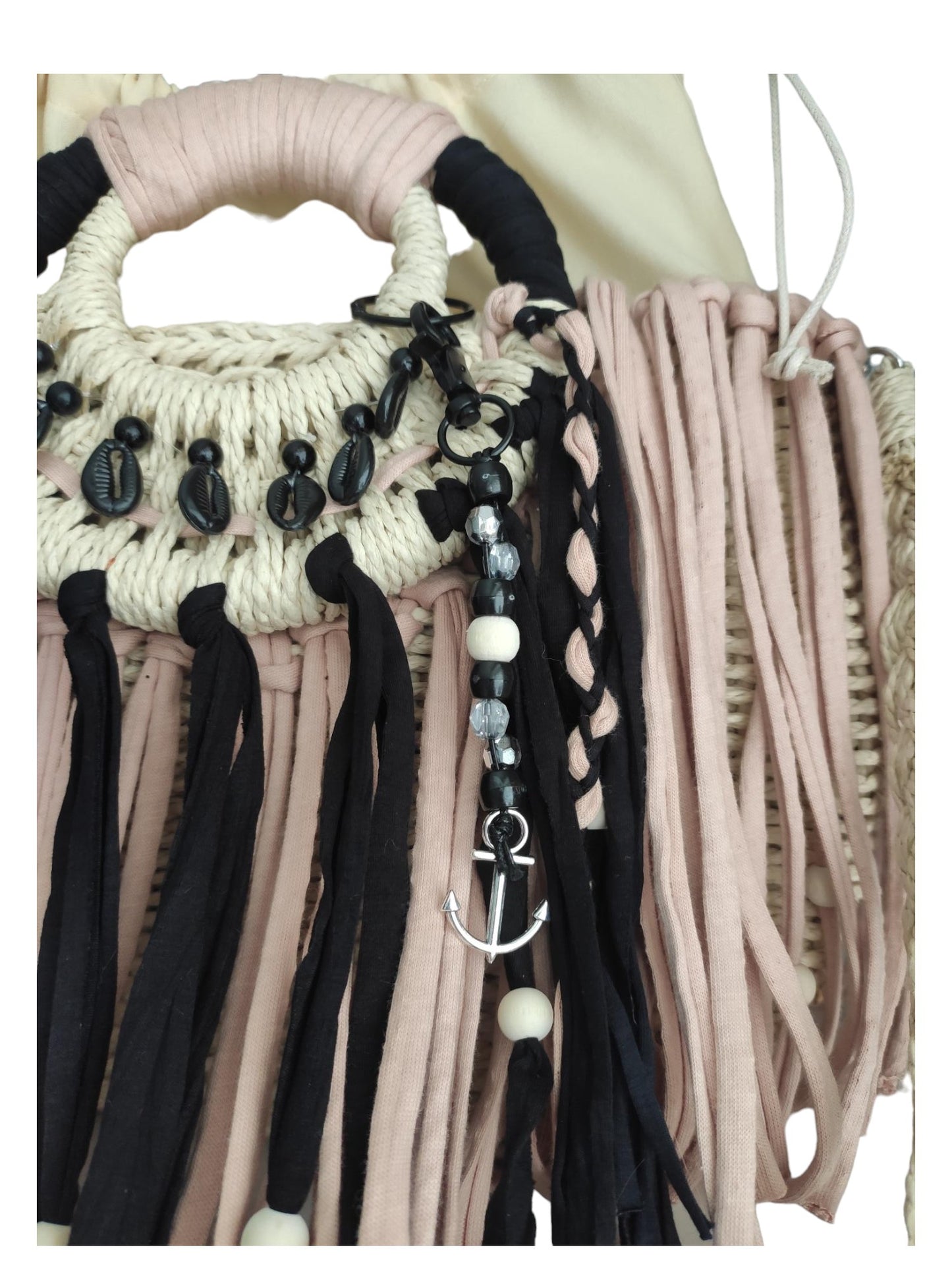 Ibiza Korbtasche Handtasche Boho Hippie, Cappuccino/Black