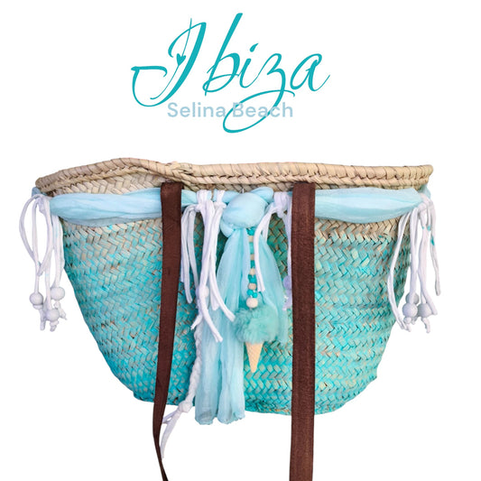 Ibiza Korbtasche Strandtasche Boho Türkis/White Vintage
