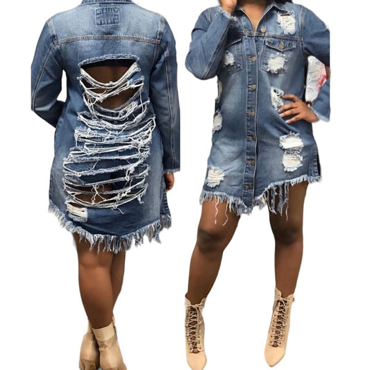 Jeansjacke Jeanskleid Mega-Risse Vintage