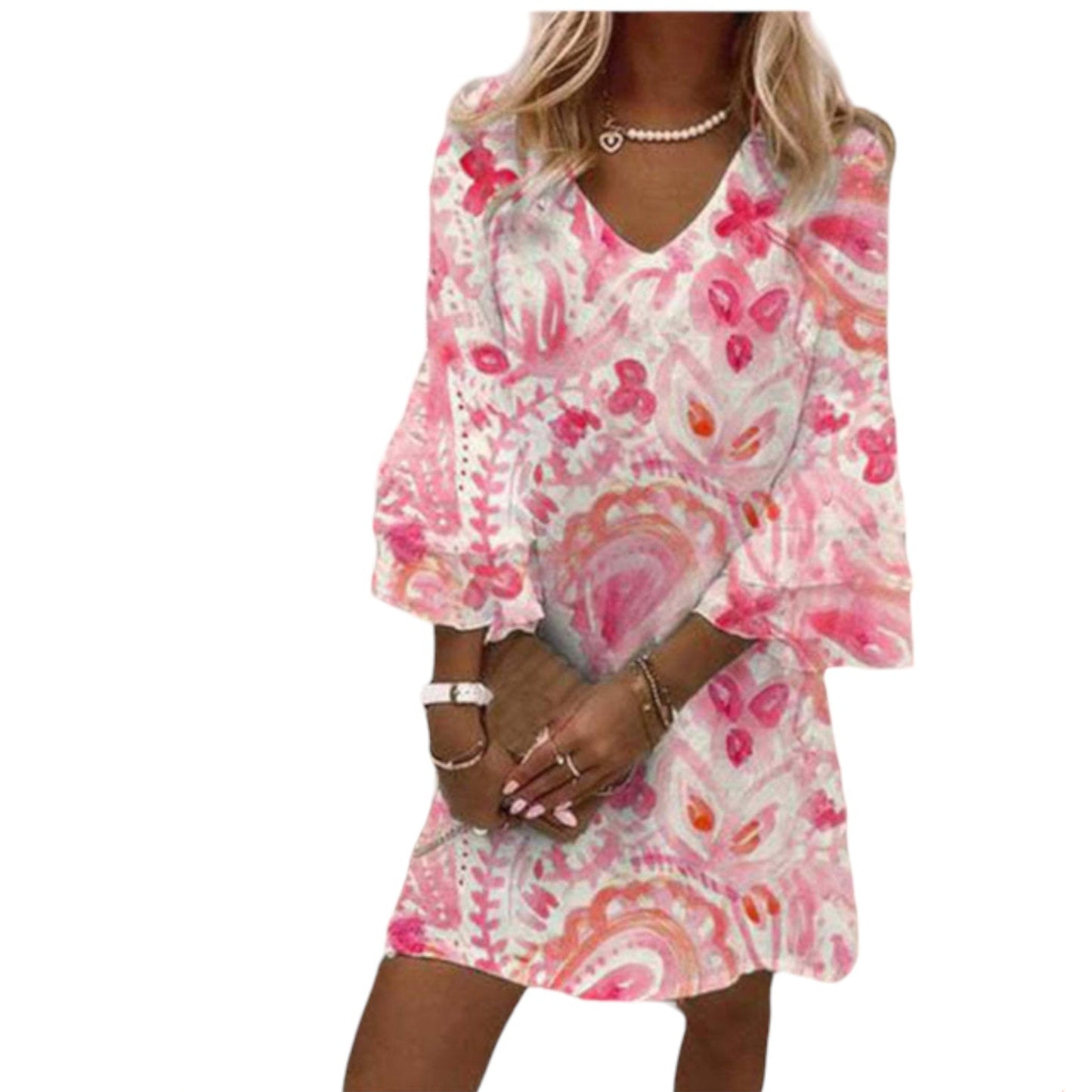 Boho Kleid Chic, Pink/White