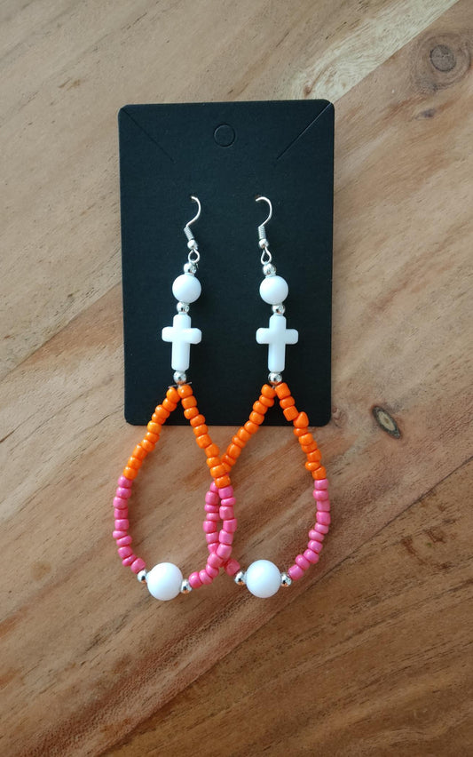 Boho Ohrringe Ibiza Style Pink/Orange mit Kreuz White Hand Made