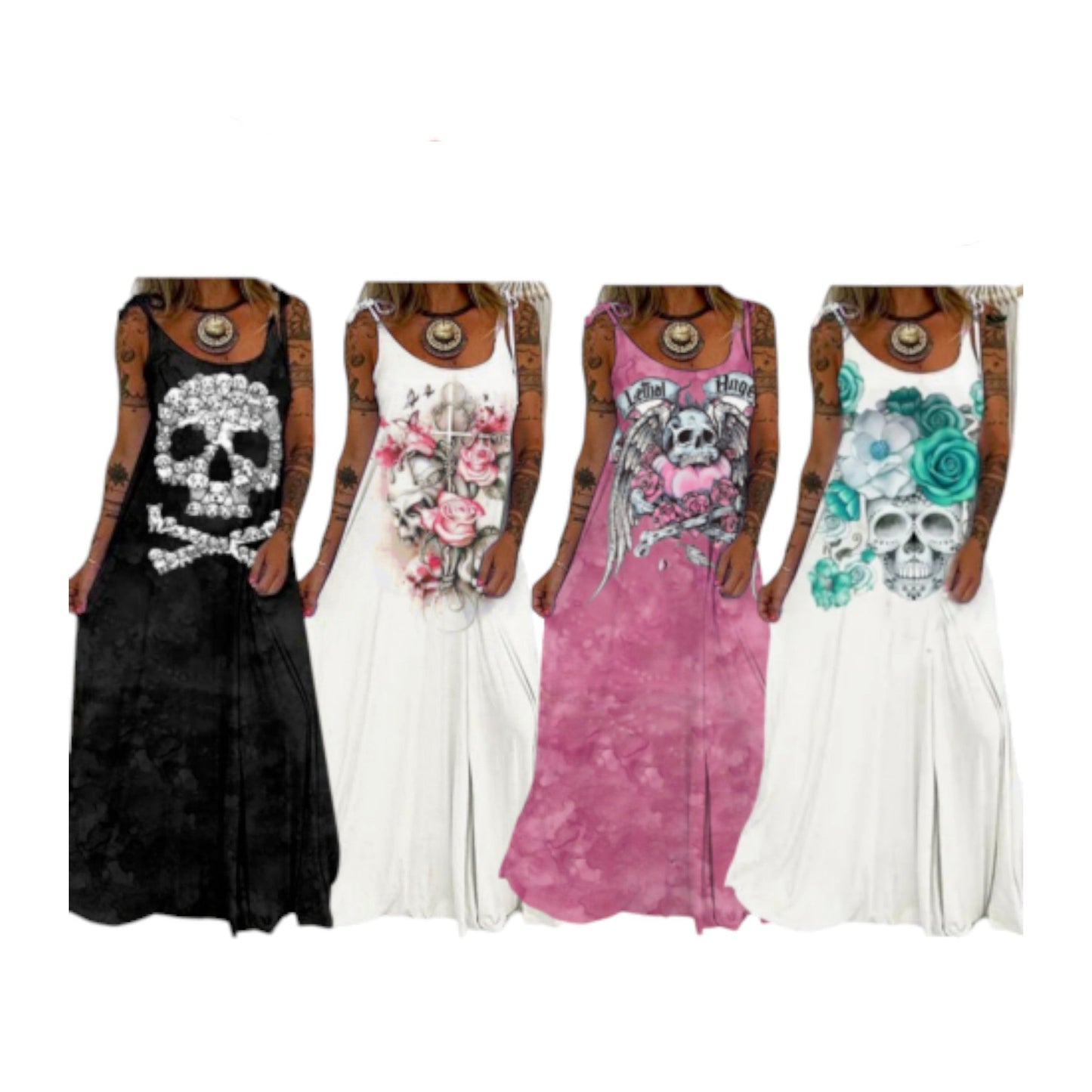Boho Kleid Skull Print Long Ibiza Hippie Festival White/Pink