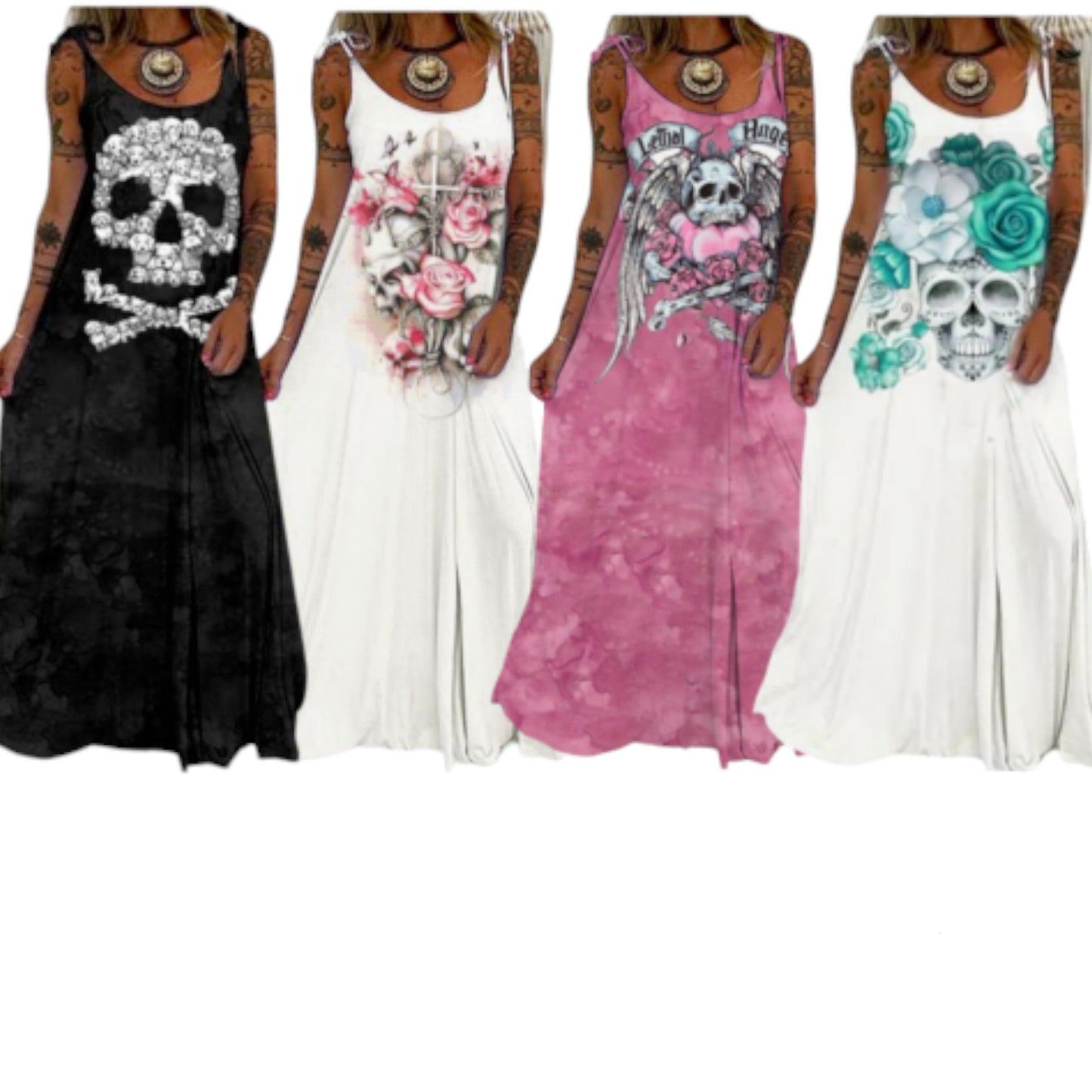 Boho Kleid Skull Print Long Ibiza Hippie Festival Pink