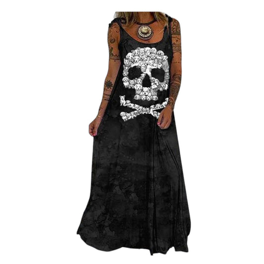 Boho Festival  Kleid Skull Print Long, Black