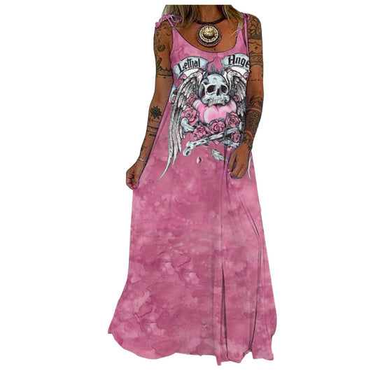 Boho Festival Kleid Skull Print Long, Pink