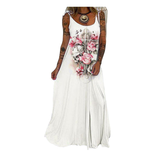 Boho Festival Kleid Skull Print Long, White/Pink