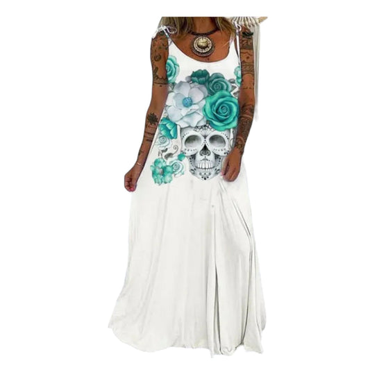 Boho Festival Kleid Skull Print Long , White/Türkis