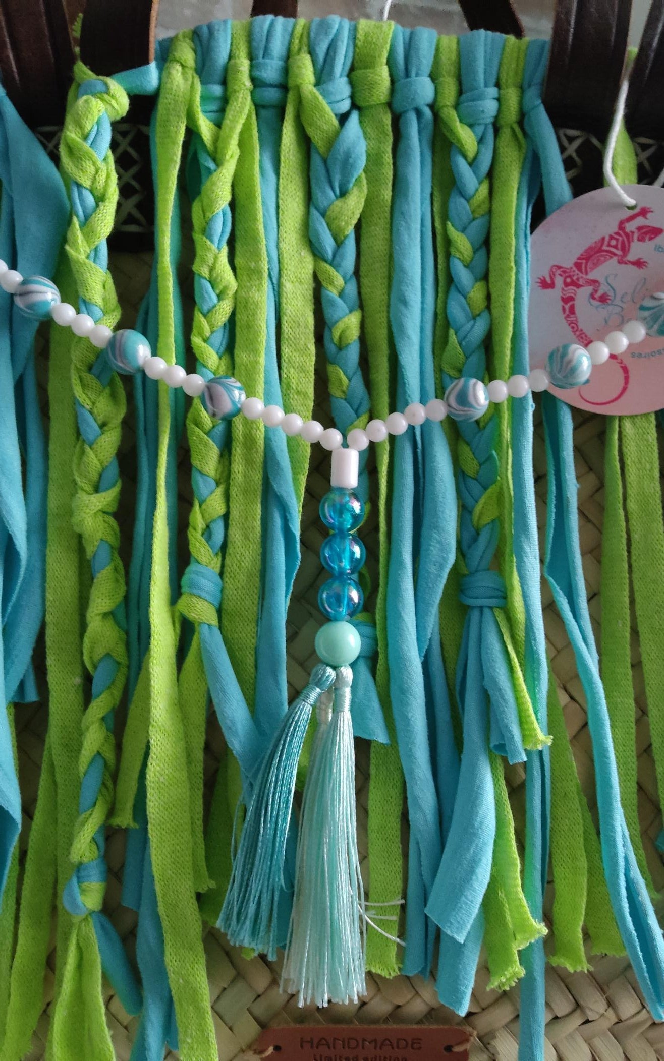 Ibiza Korbtasche XXL Boho Beach Festival, Blue/Green