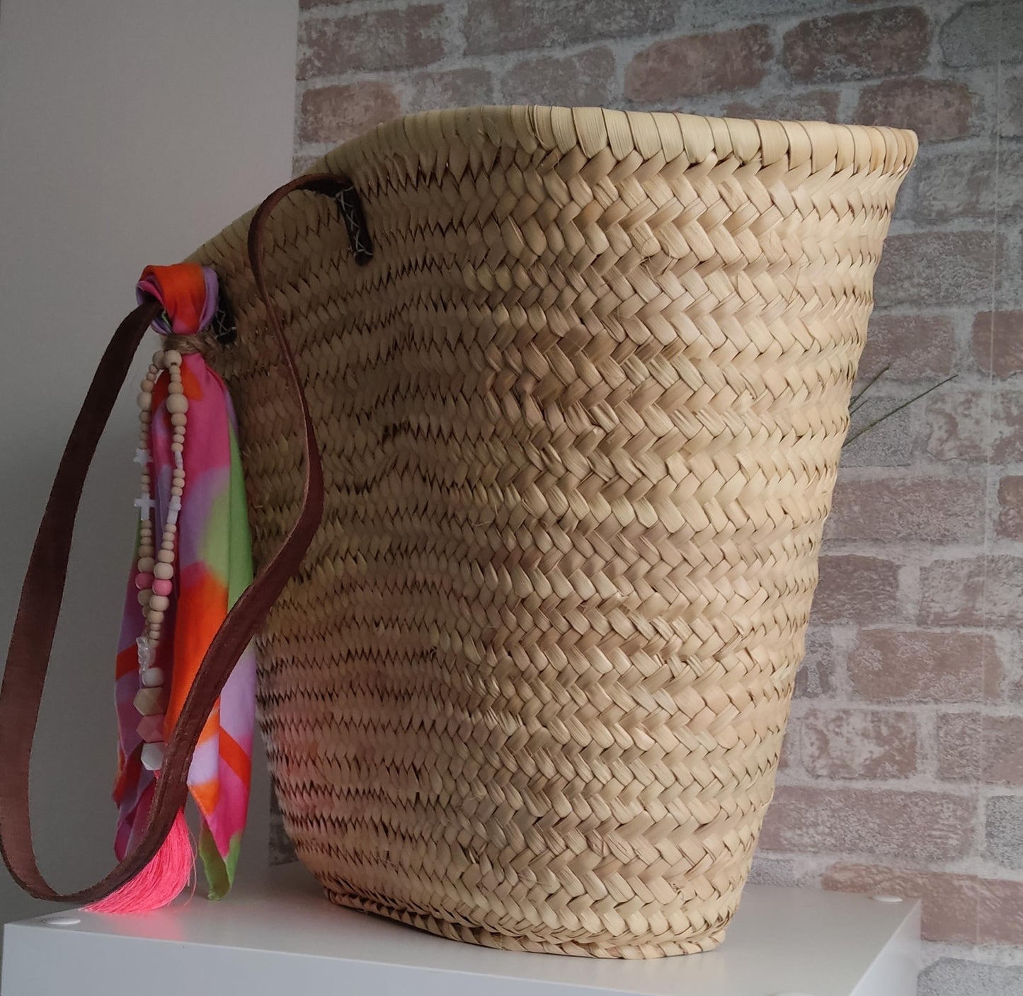 Ibiza Korbtasche Strandtasche XXL Natur mit Deko-Tuch & Kette