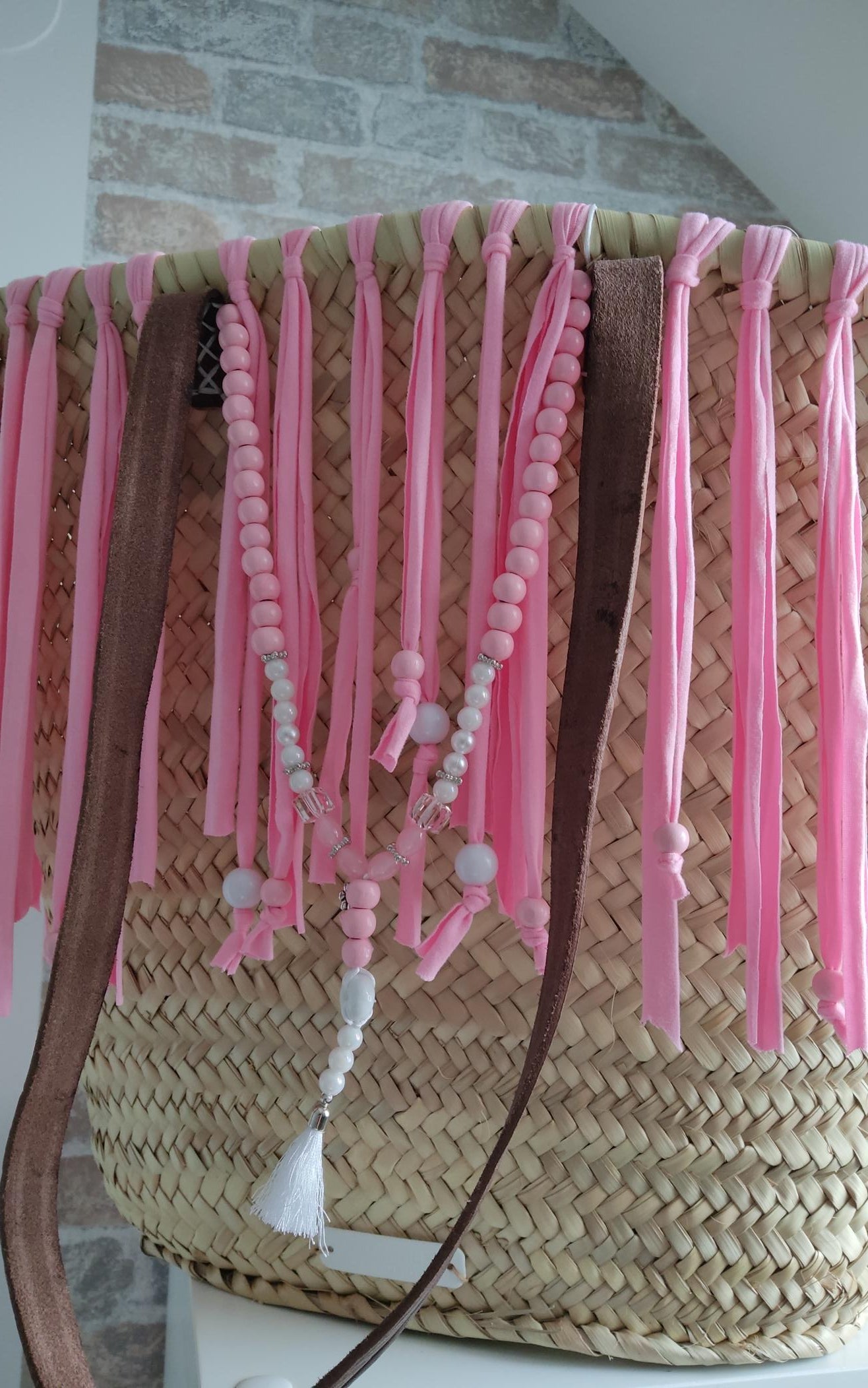 Ibiza Korbtasche Strandtasche XXL Boho Rosa Fransen Hand Made