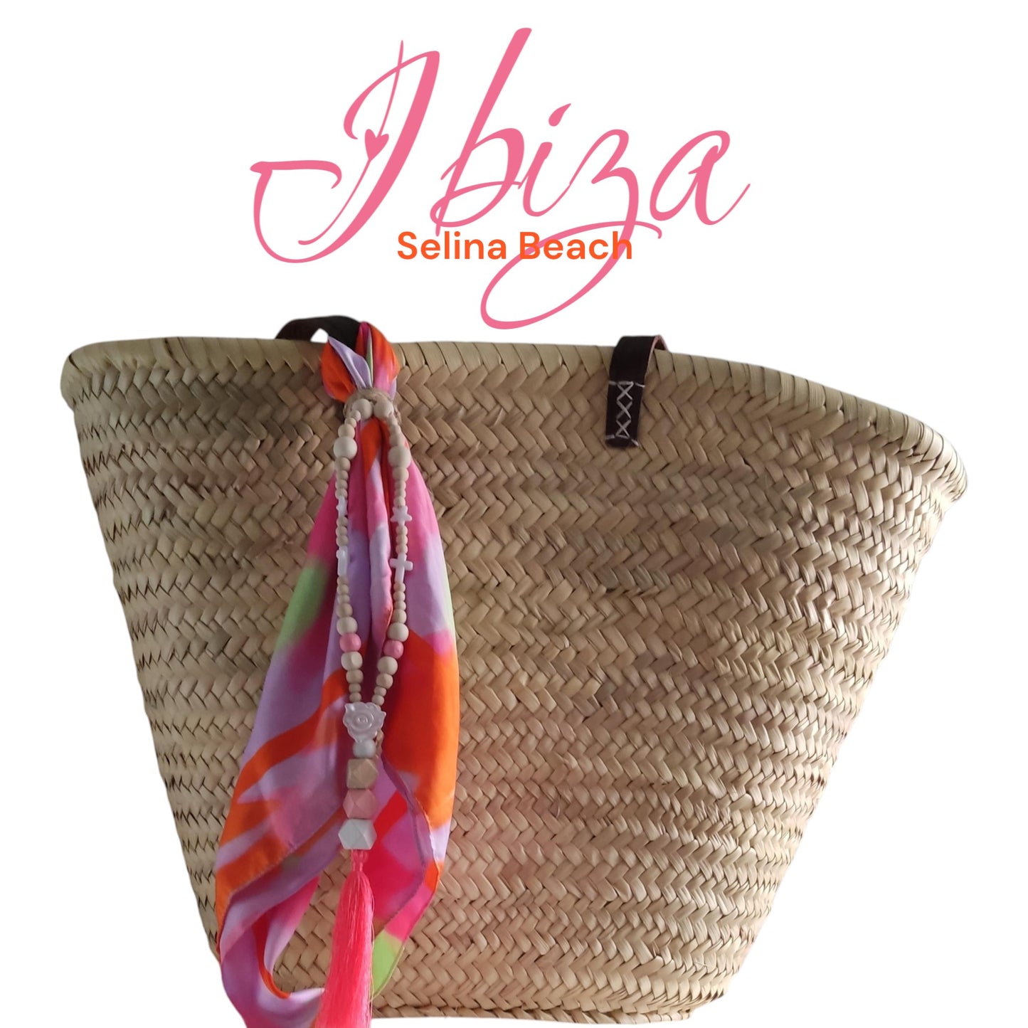 Ibiza Korbtasche Strandtasche XXL Natur mit Deko-Tuch & Kette