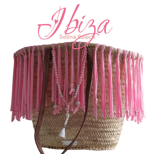 Ibiza Korbtasche Strandtasche XXL Boho Rosa Fransen Hand Made