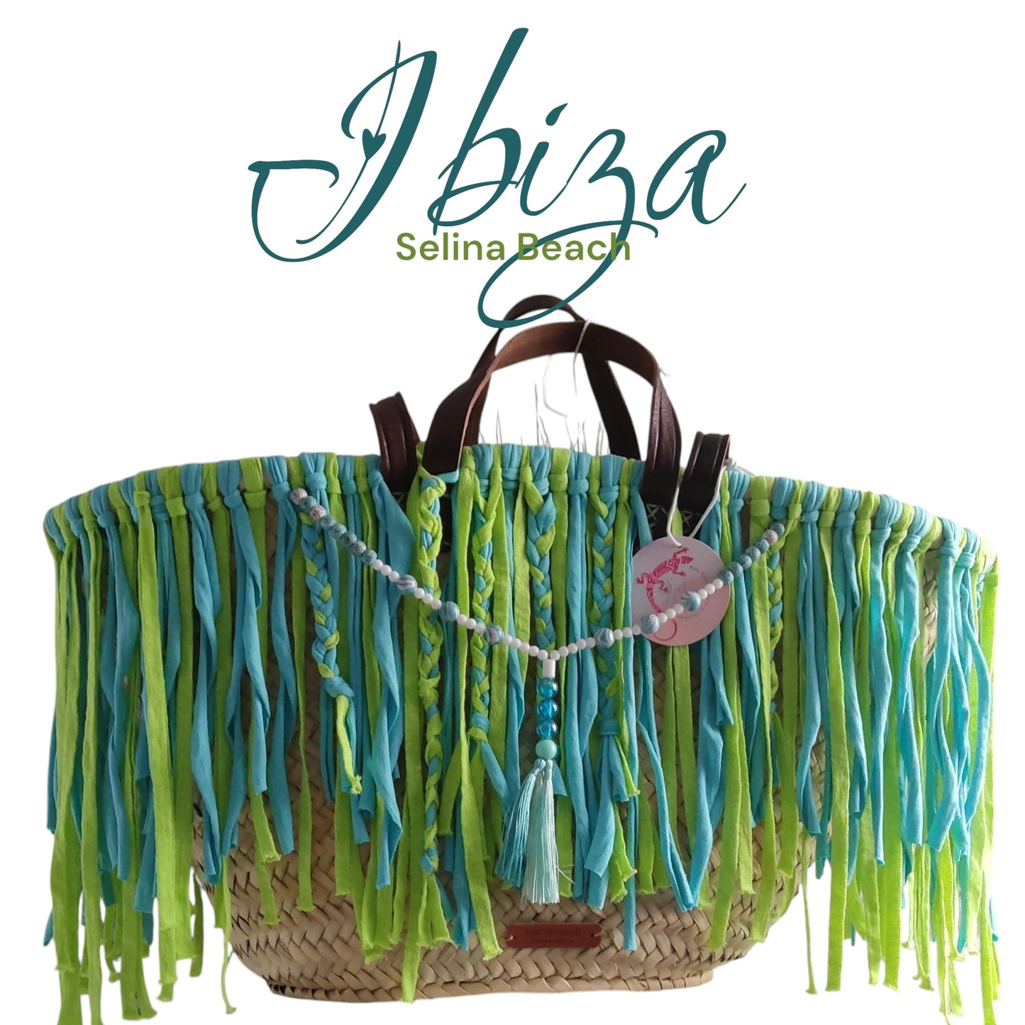 Ibiza Korbtasche XXL Boho Beach Festival, Blue/Green