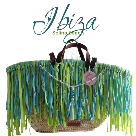 Ibiza Korbtasche XXL Boho Beach Festival, Blue/Green