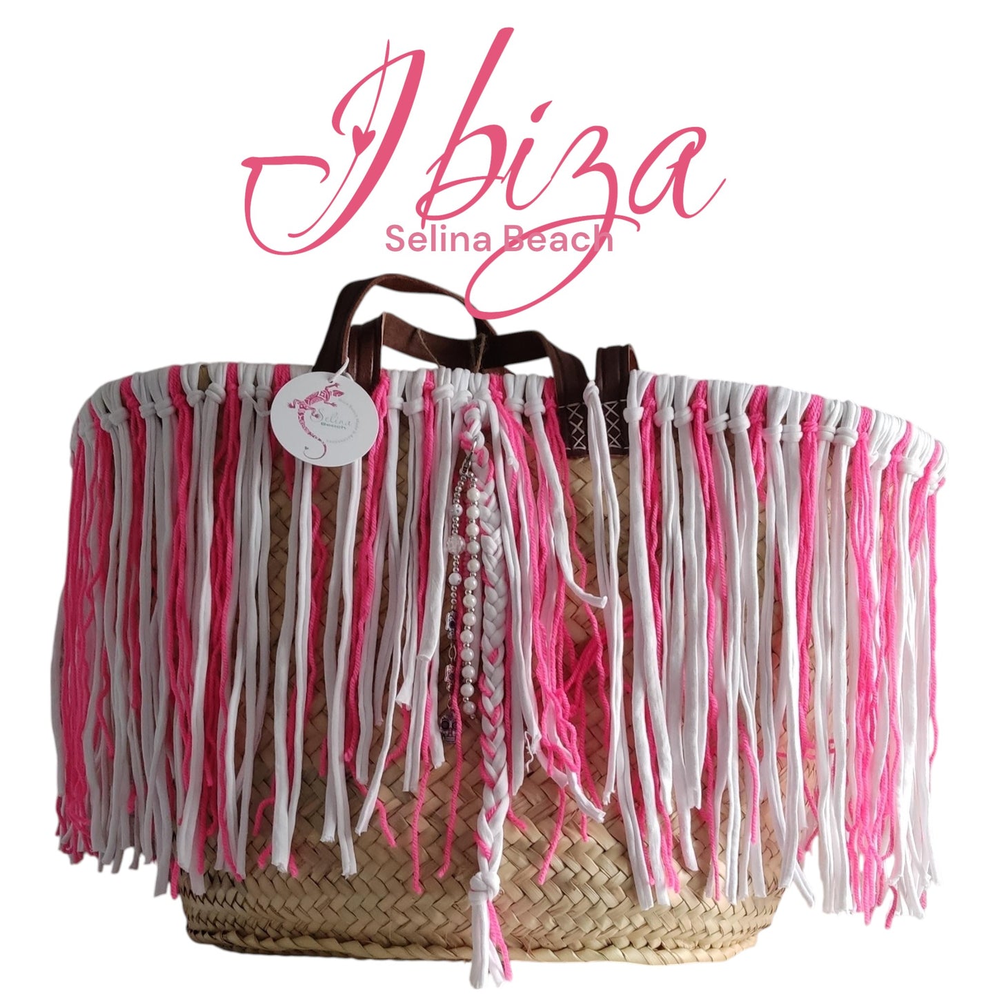 Ibiza Korbtasche Strandtasche XXL Boho Pink/White Hand Made