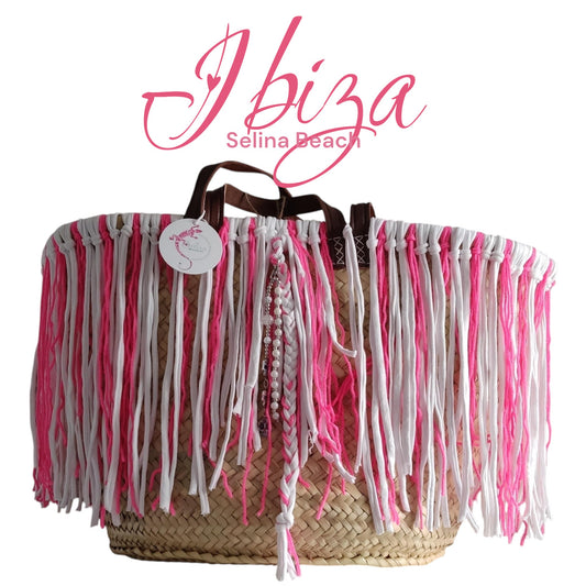 Ibiza Korbtasche Strandtasche XXL Boho Pink/White Hand Made