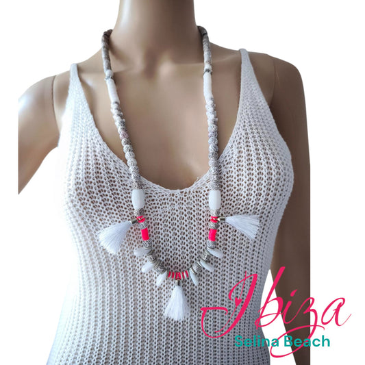 Boho Ibiza Halskette Hippie Festival Quasten Perlen Weiß Pink XL