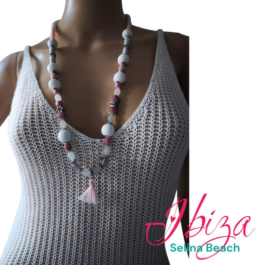 Boho Ibiza Halskette Hippie Festival  Perlen Quaste White Rosa