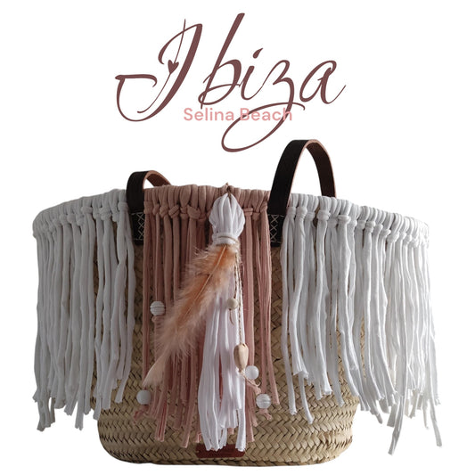 Ibiza Korbtasche Strandtasche XXL Boho Hippie Beach, Cappuccino/White