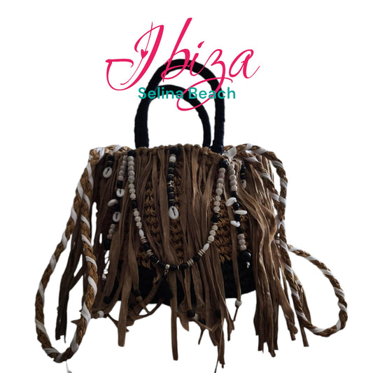 Ibiza Korbtasche Handtasche Boho Mocca/Black & White