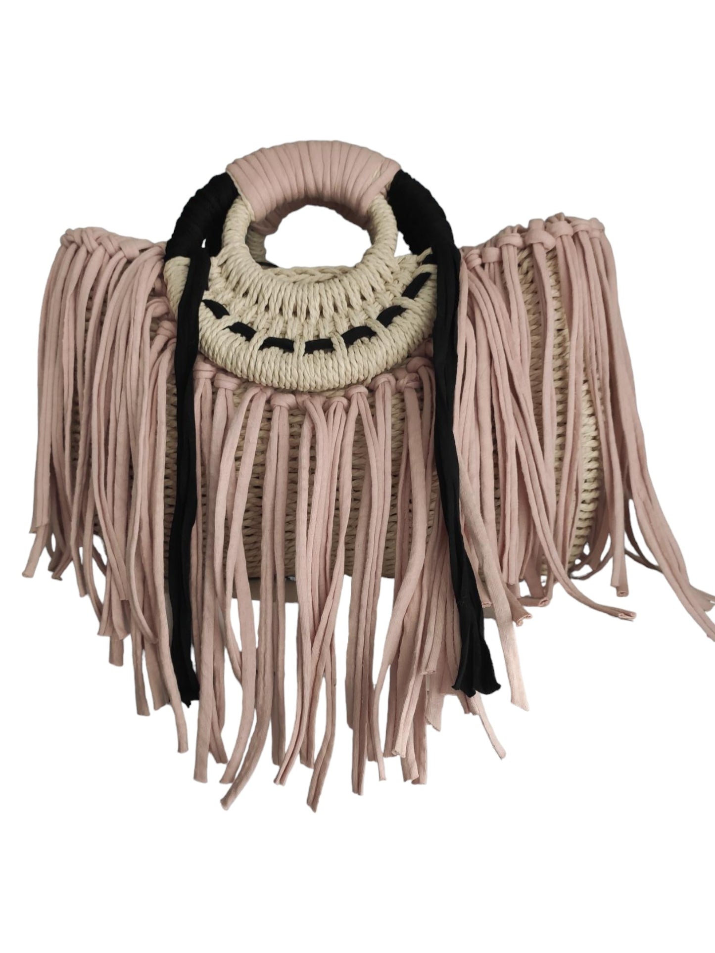 Ibiza Korbtasche Handtasche Boho Hippie, Cappuccino/Black