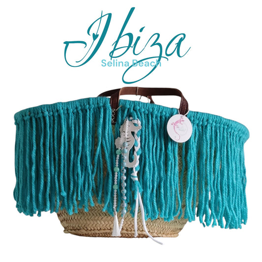 Ibiza Korbtasche Strandtasche XXL Boho Türkis Hand Made