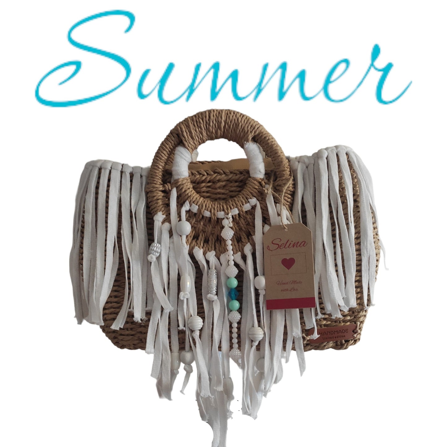 Ibiza Korbtasche Handtasche Boho, Mocca/White